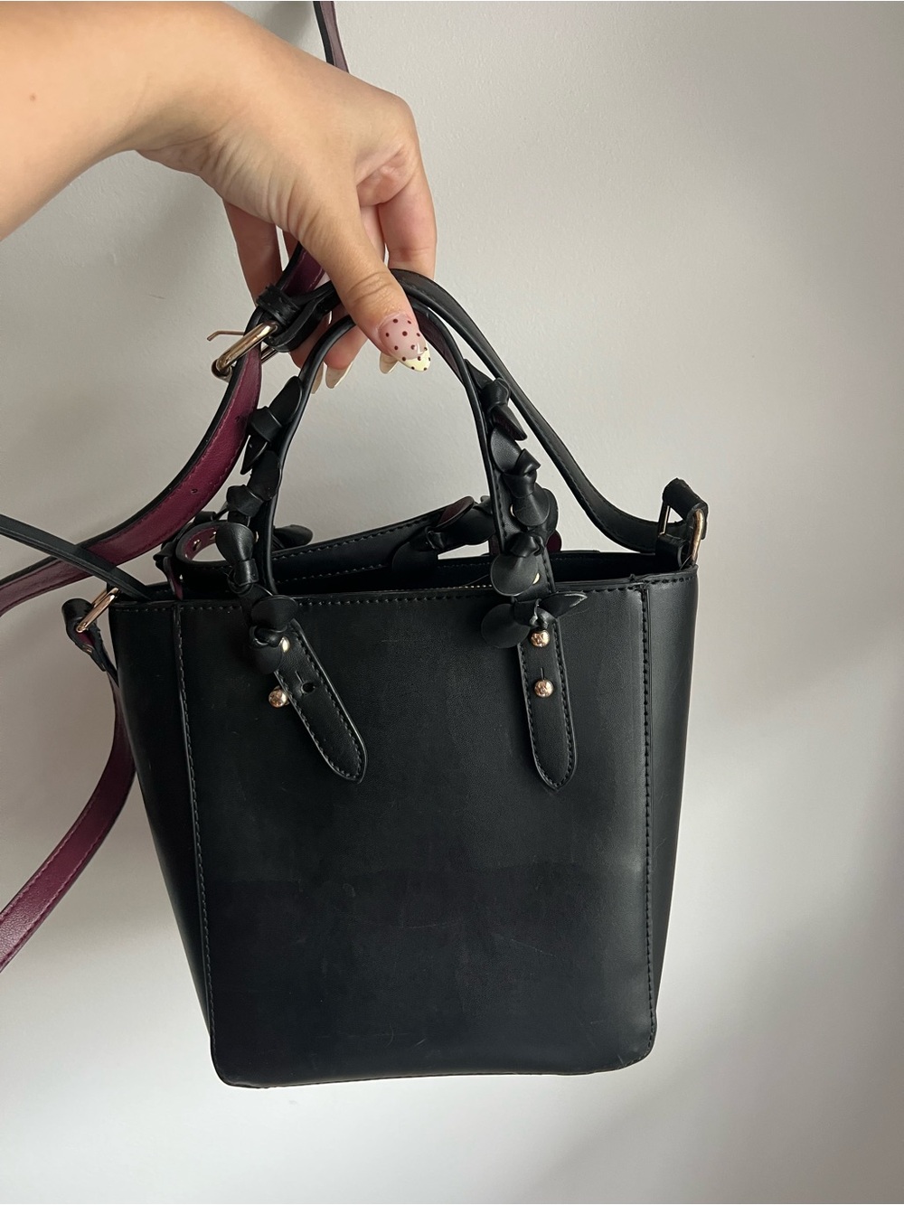 Zara Black Crossbody Mini Tote with Burgundy Strap